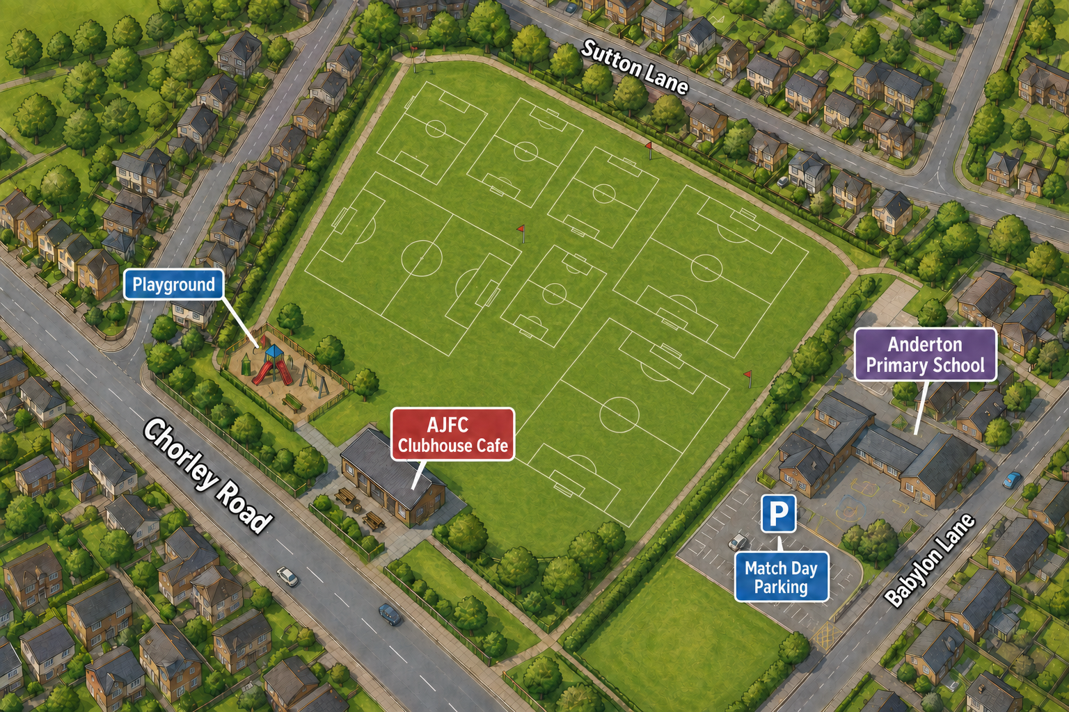 Illustrated map showing King George Playing Fields main ground, Anderton Primary School match day parking, bus and train travel